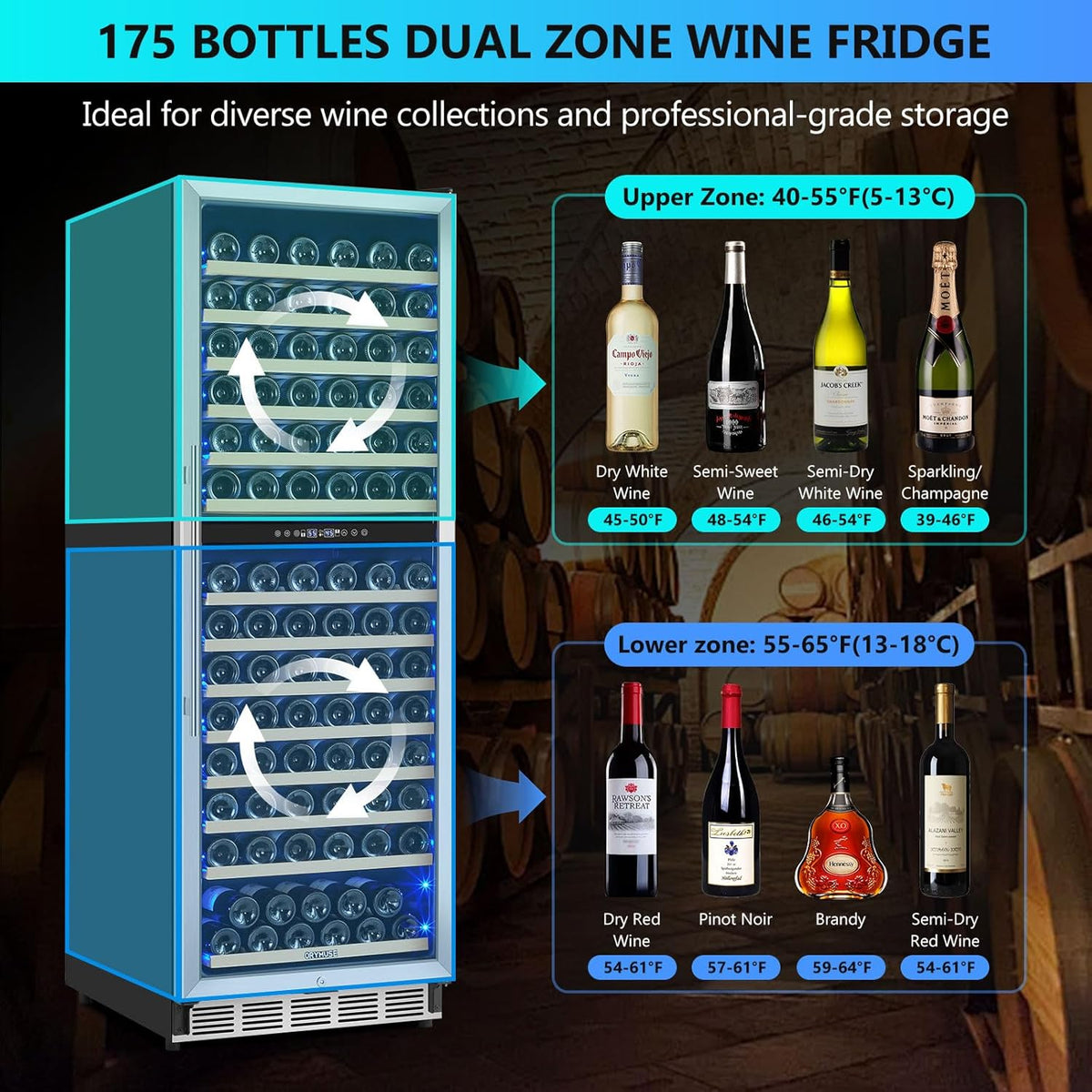 Dual Zone Wine Fridge Freestanding 175 Bottle, 24 Inch Large Capacity Built-in Wine Cooler