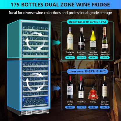 Dual Zone Wine Fridge Freestanding 175 Bottle, 24 Inch Large Capacity Built-in Wine Cooler