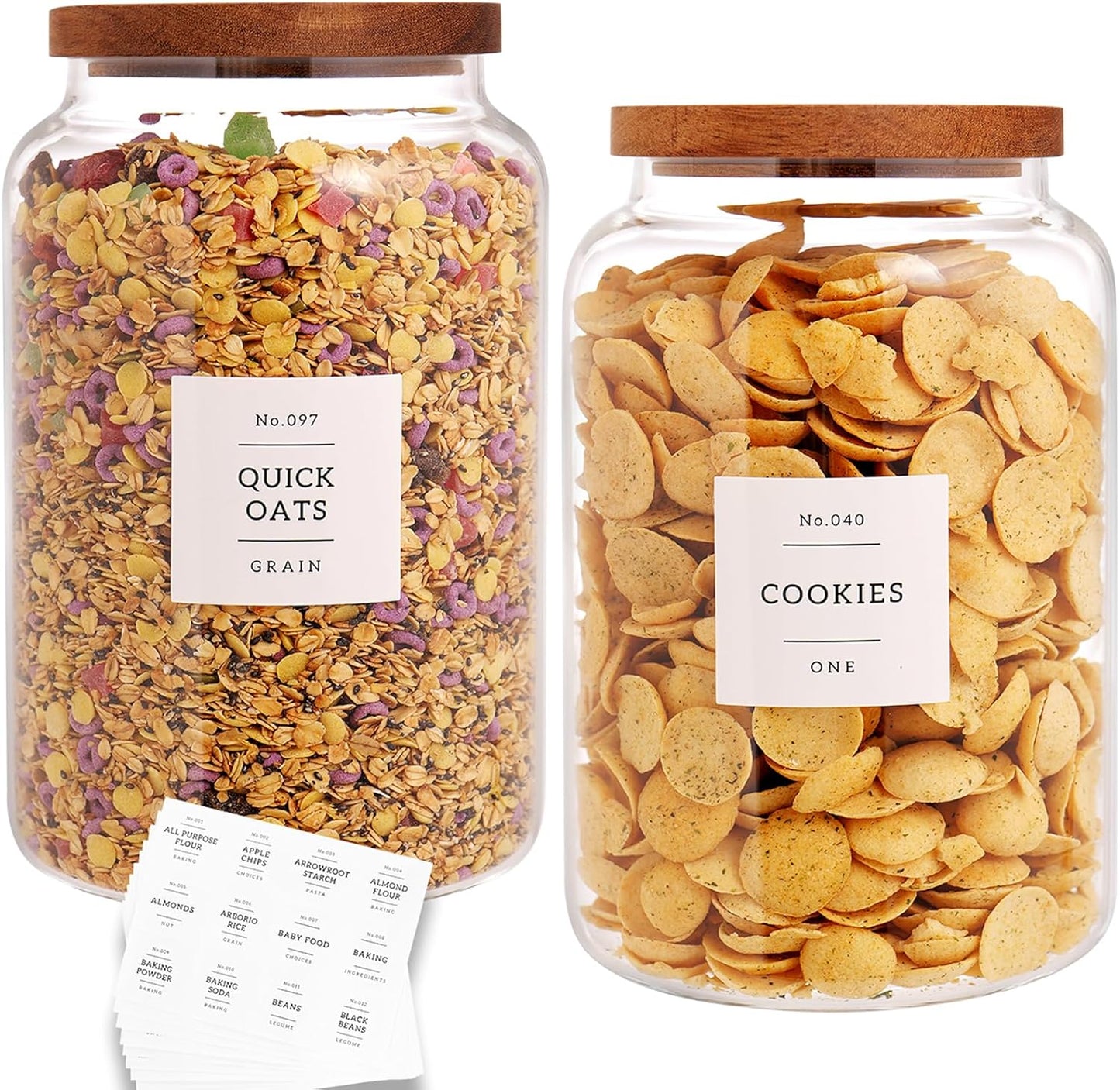 Set of 2 Large Glass Flour and Sugar Containers with 132 Pantry Labels - Glass Food Storage Jars
