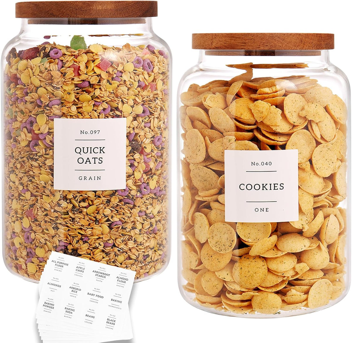 Set of 2 Large Glass Flour and Sugar Containers with 132 Pantry Labels - Glass Food Storage Jars