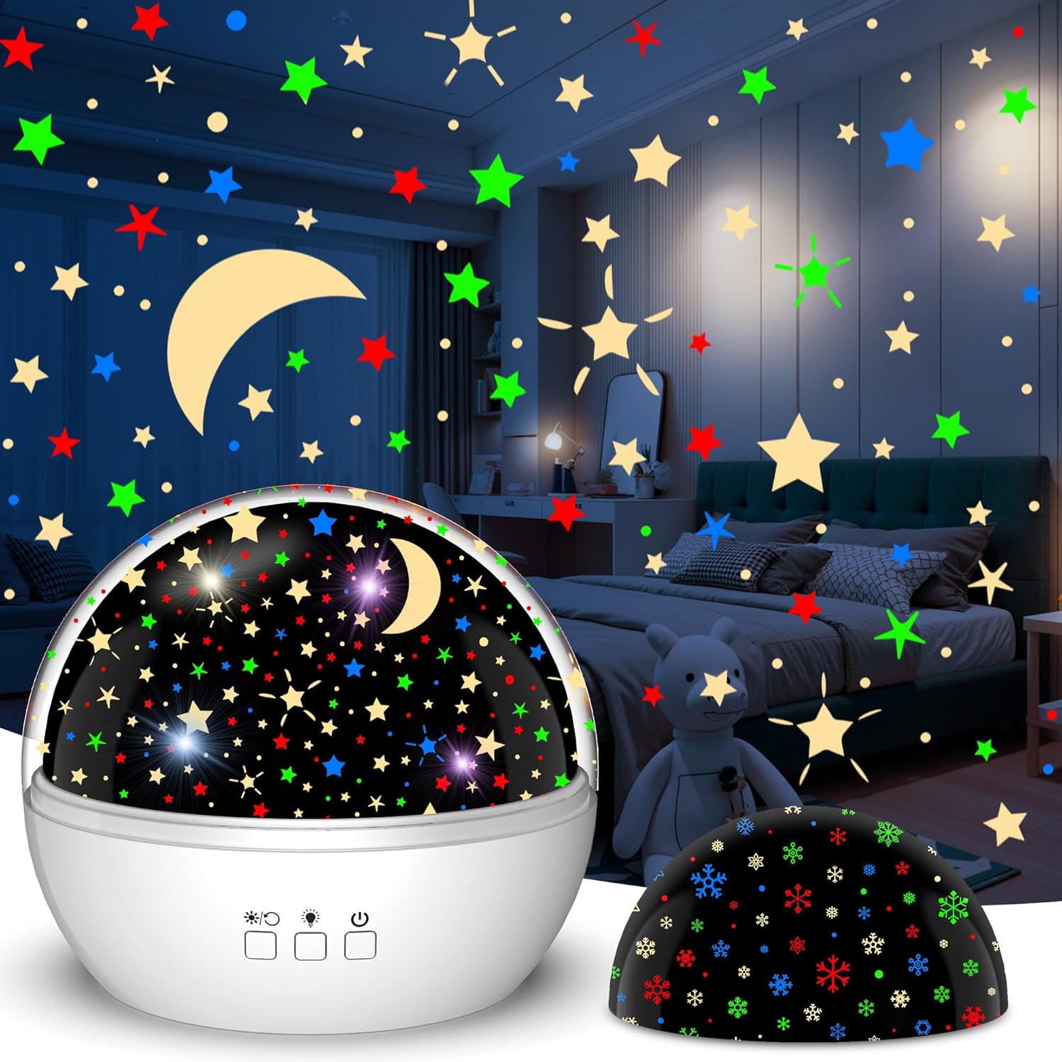Star Projector Night Light for Kids, Baby Night Lights with Snowflake & Starry Theme, 360 Degree