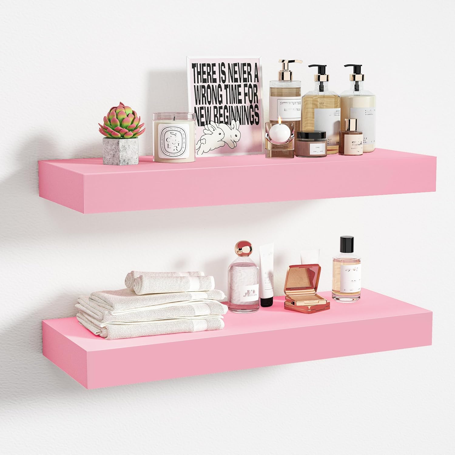 BAMEOS Pink Floating Shelves for Wall, 16" x 6" Wall Shelves for Room, Floating Book Shelves