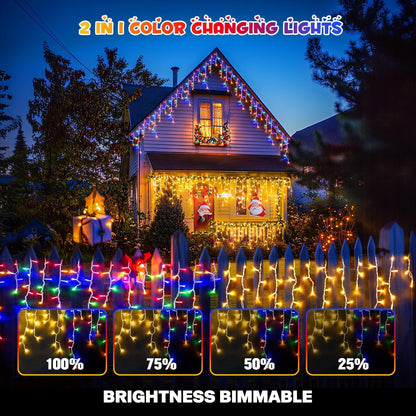 JMEXSUSS Color Changing Outdoor Waterproof Icicle Lights, 400 LED with Remote, Warm White to