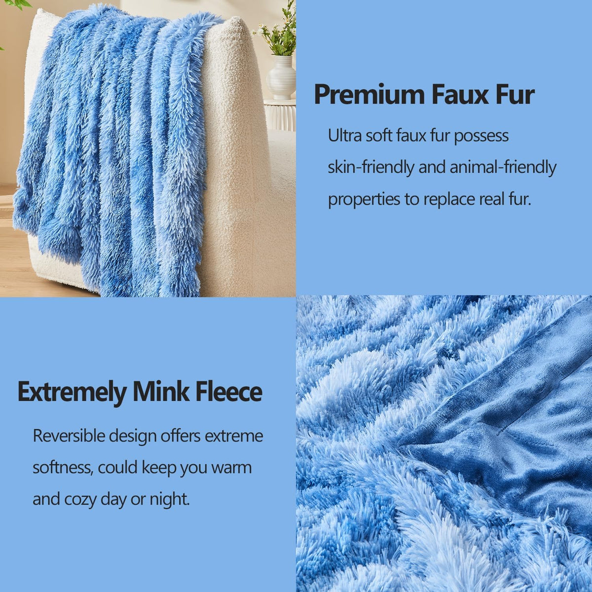 GONAAP Fuzzy Faux Fur Throw Blanket Indigo Super Soft Cozy Plush Fuzzy Shaggy Blanket for Couch