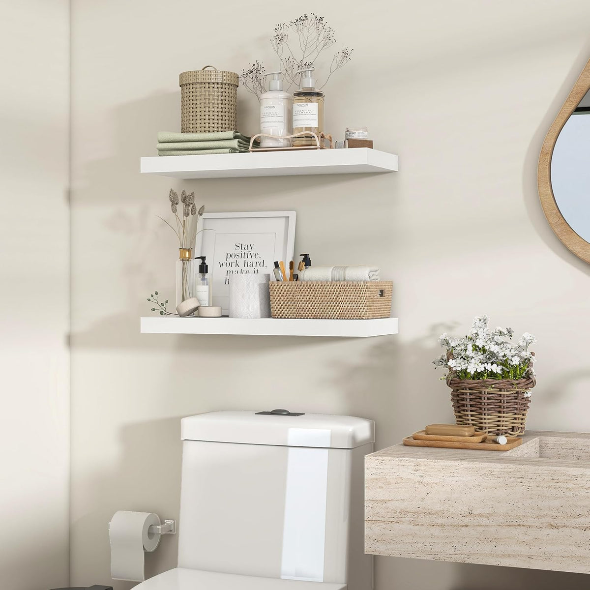 Heimlove 24 inch Floating Shelves for Wall,9.3 inch deep White Wood Shelves with Invisible