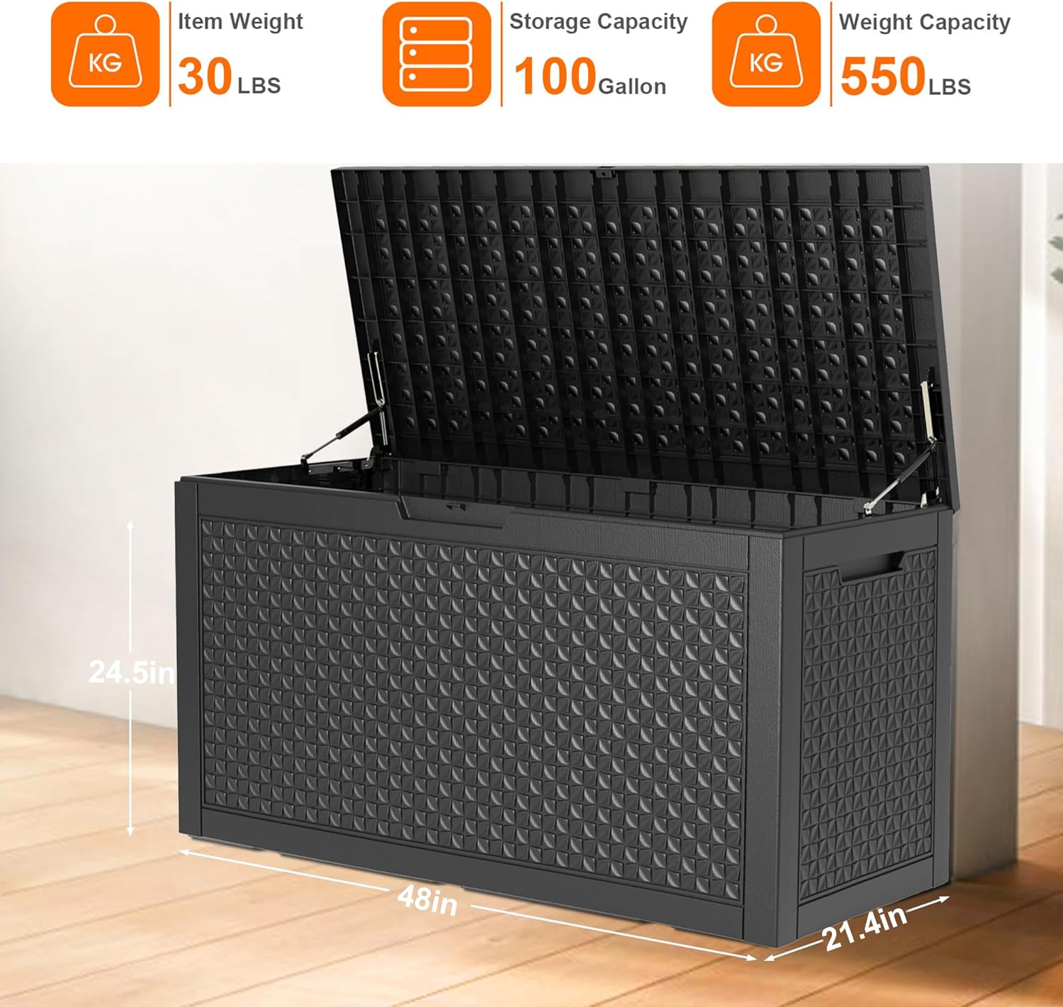 100 Gallon Resin Deck Box, Lockable Patio Outdoor Storage Box for Furniture, Garden Tools and Tools