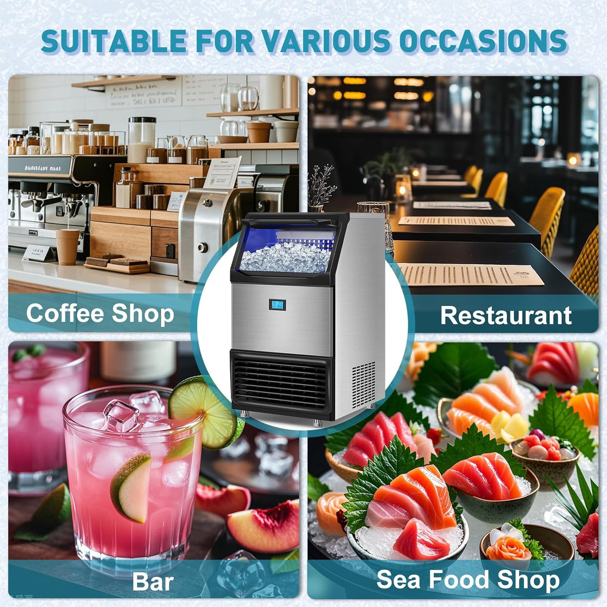 Commercial Ice Maker Machine 550LBS/24H with 185LBS Large Ice Storage Bin, 162Pcs Clear Ice Cubes