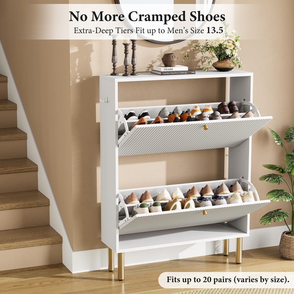 Nicetree Shoe Storage Cabinet for Entryway - 2 Flip Drawers Shoe Cabinet with Tiered Fluted Design