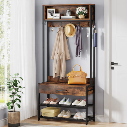 Tribesigns 3-in-1 Entryway Hall Tree with Shoe Bench and Hutch, Brown