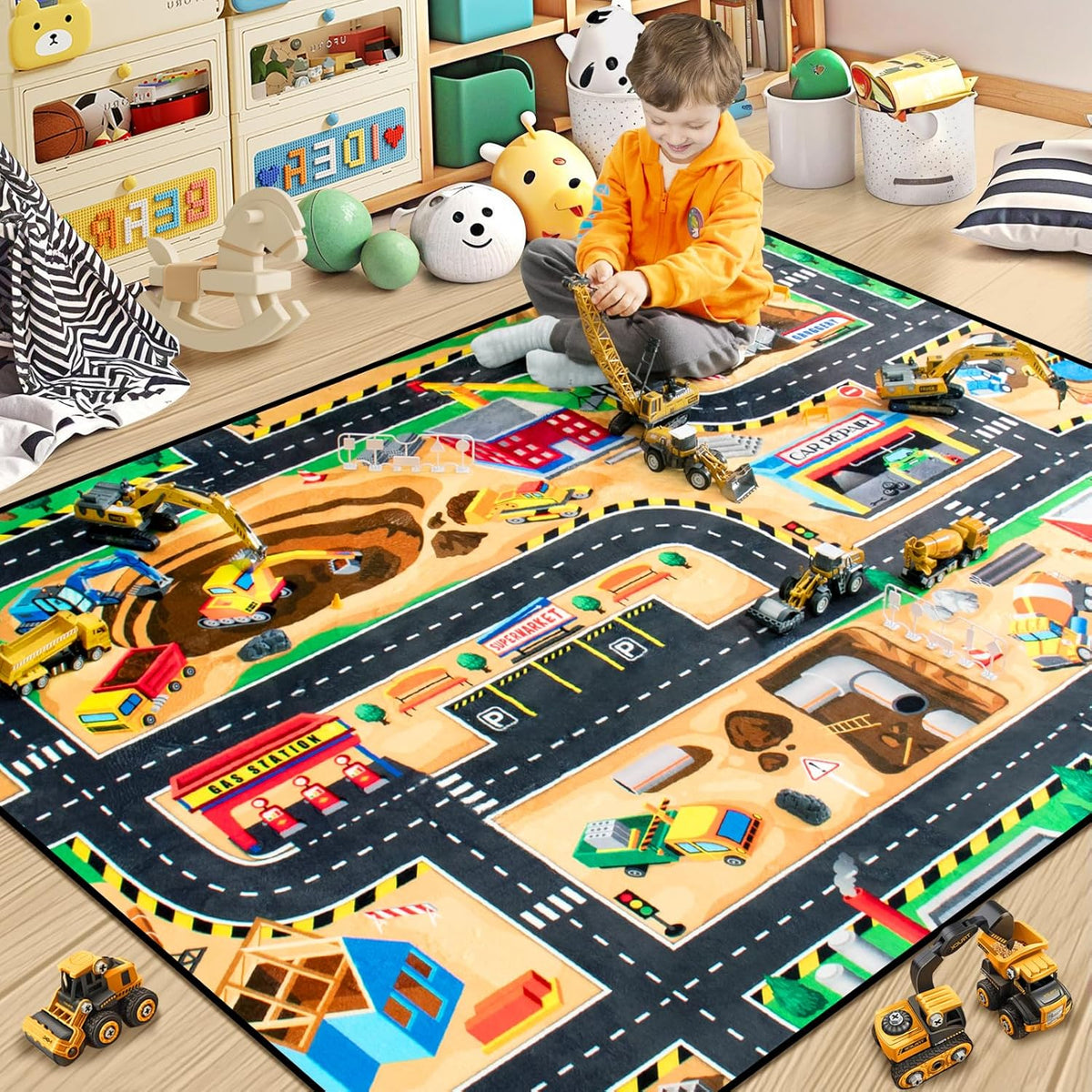 Kids 5x7 Ft Construction Site Play Rug, Baby Play Mat, Tufted Wool & Rubber, Non-Slip, Stain & Fade