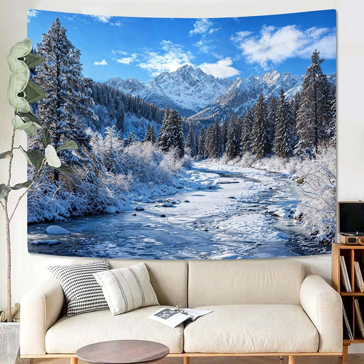 AMM Winter Forest Snow Mountain Tapestry Snowy Pine Tree Woodland Tapestry for Bedroom Aesthetic