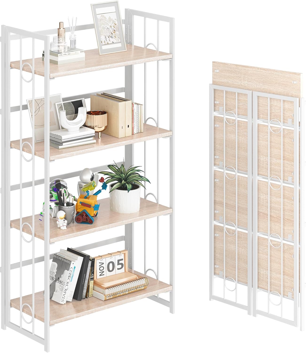 4NM No Assembly 4 Tiers Folding Bookshelf, 47.2" H Foldable Storage Shelves Vintage Bookcase