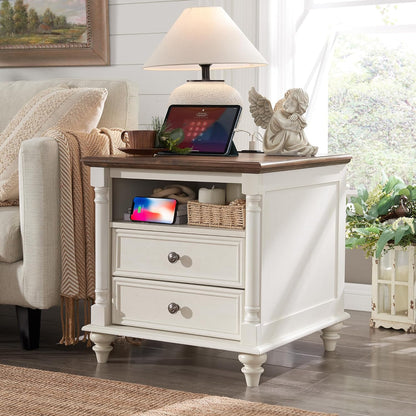 T4TREAM 24'' Farmhouse End Table w/4 Solid Wood Feet, Large 2 Drawers Wide Sofa Side Table with