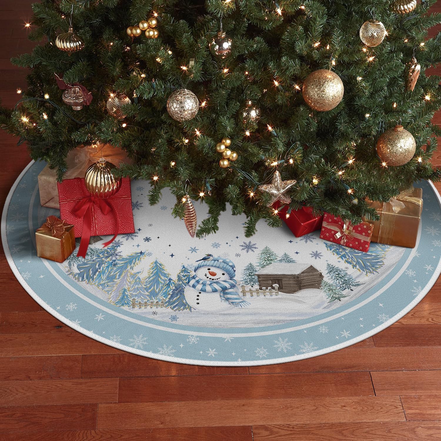 AVOIN colorlife Snowflake Snowman Cardinal Christmas Tree Skirt 36 Inch, Winter Holiday Tree Mat