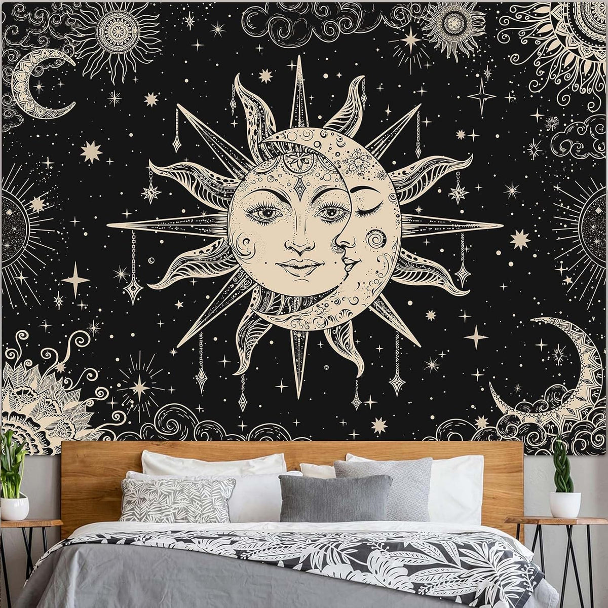 Lunerfex Sun and Moon Tapestry Mandala Wall Tapestry, Vintage Tapestries for Bedroom Ceiling