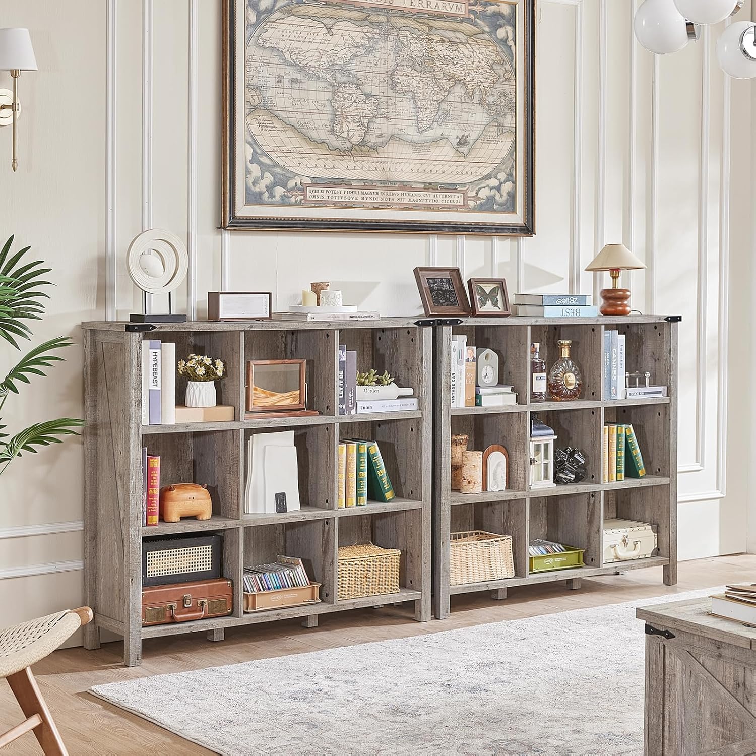 9 Cube Bookcase, Farmhouse 47 Inch Wide Grey Oak Bookshelf, Wooden 3 Tier Display Large Open Book