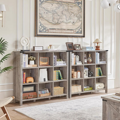 9 Cube Bookcase, Farmhouse 47 Inch Wide Grey Oak Bookshelf, Wooden 3 Tier Display Large Open Book