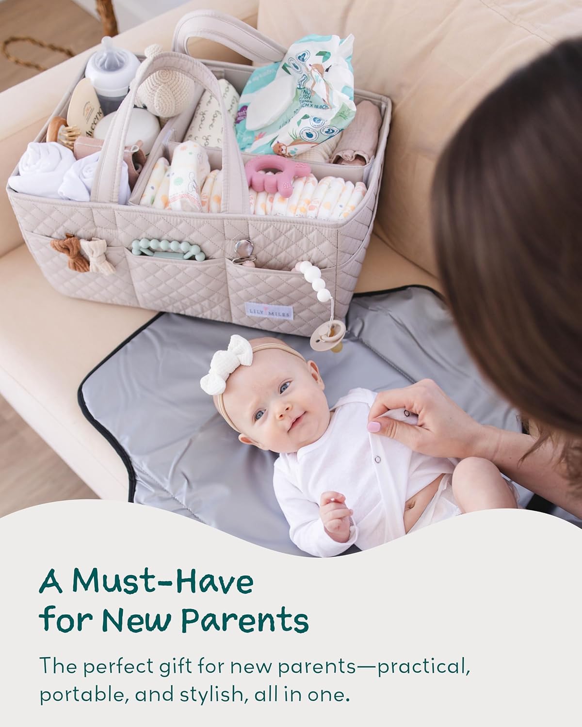 Lily Miles Baby Diaper Caddy Organizer, Quilted Nursery Storage Organizer for Newborn Essentials