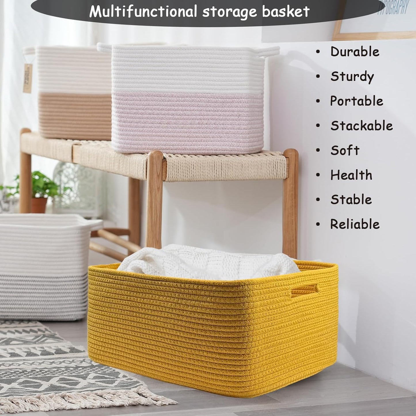 COMFY-HOMI Cotton Rope Woven Basket with Handles for Shelves,Toys,Book, Cloth Storage Baskets for