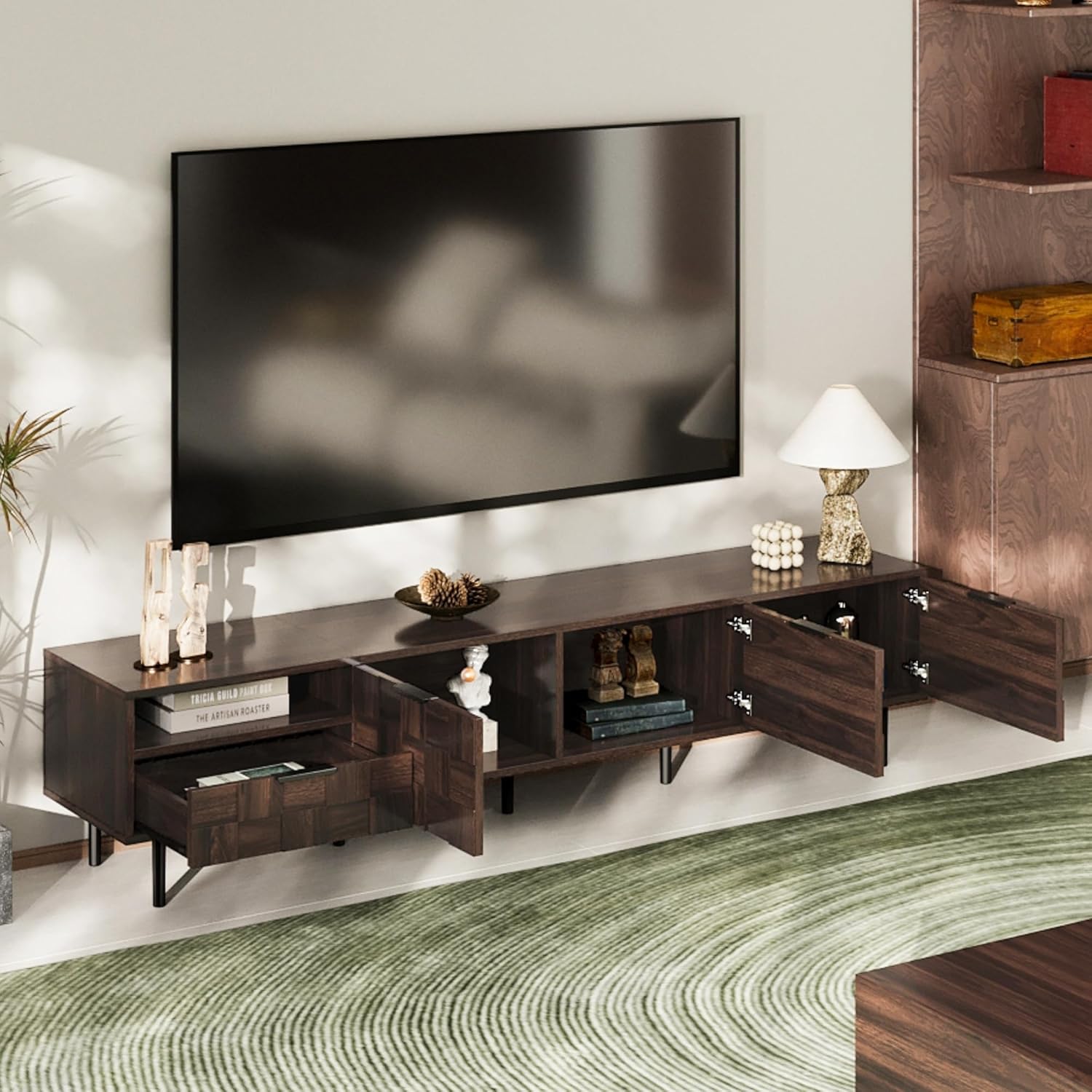 Modern TV Stand for TVs up to 85", Mid-Century Media Console with Checkered Cabinet Doors, Storage
