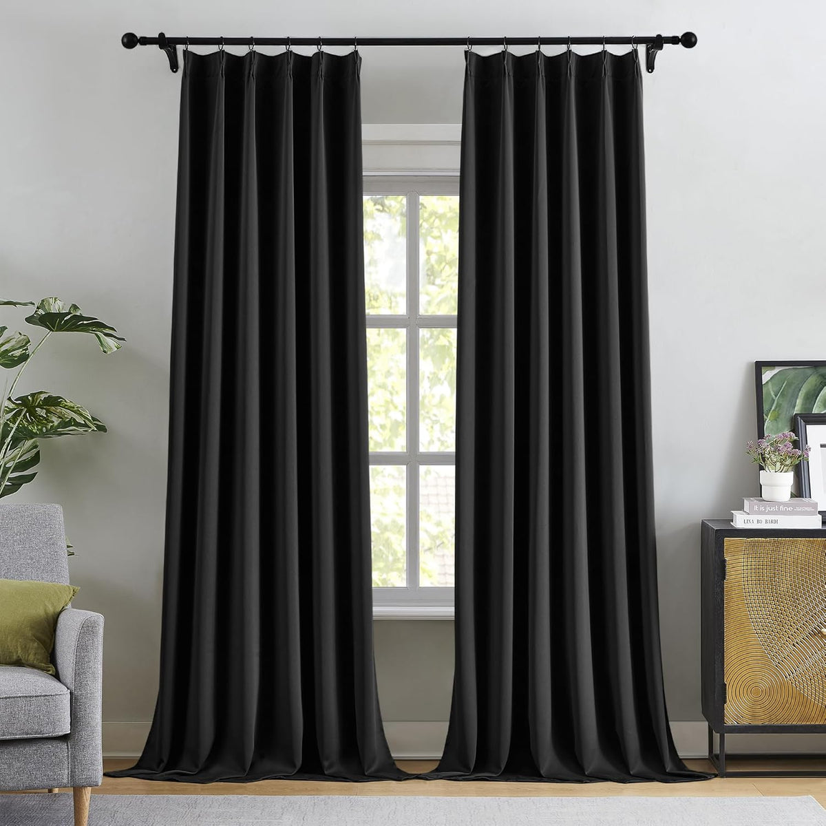 KangBang Black Pinch Pleat Blackout Curtains 120 Inches Long for Living Room 2 Panels, Thermal