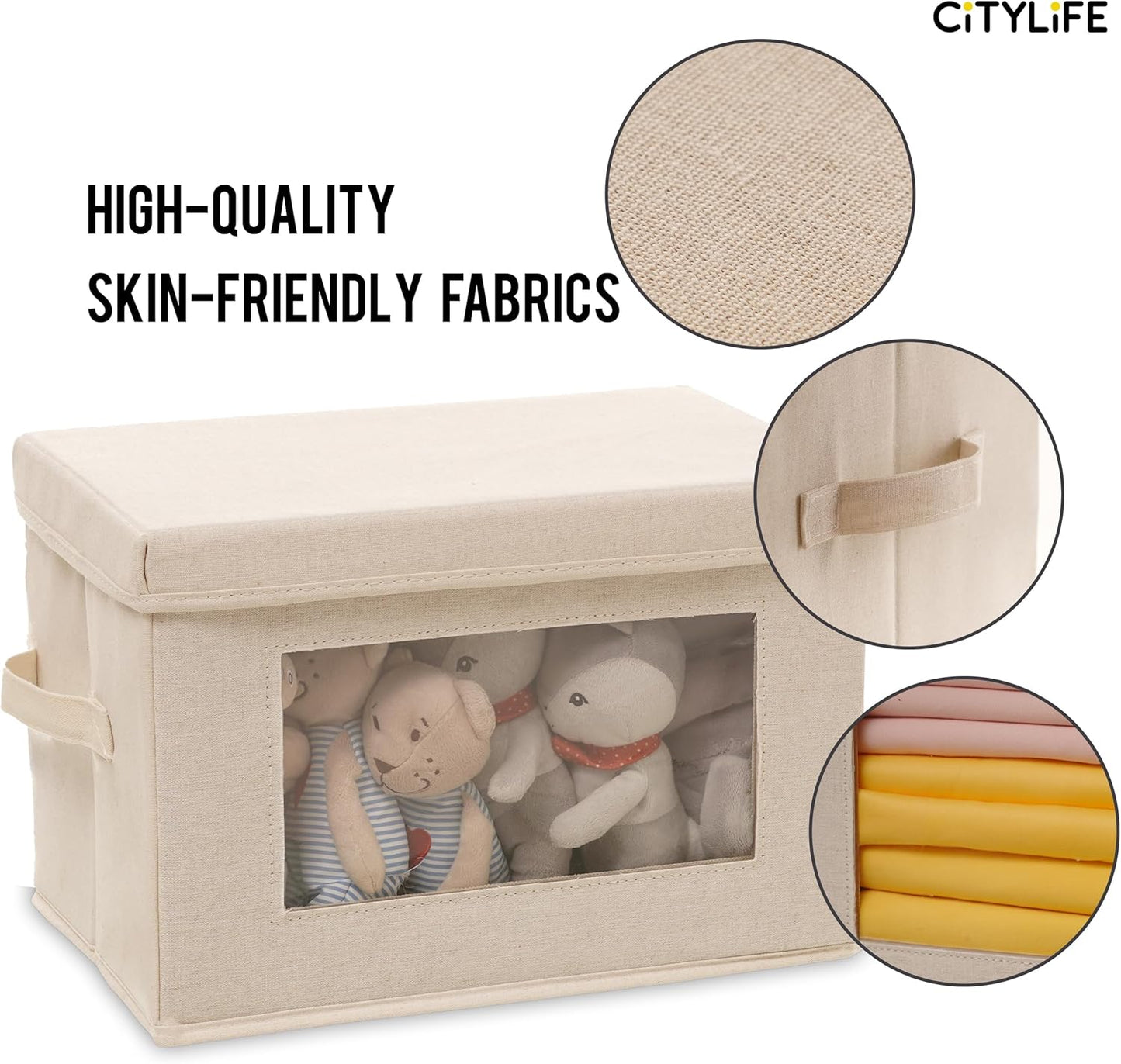 Citylife 3 Pack Storage Bins with Lids, Fabric Foldable Storage Bins with Soft Cord Handles, Canvas