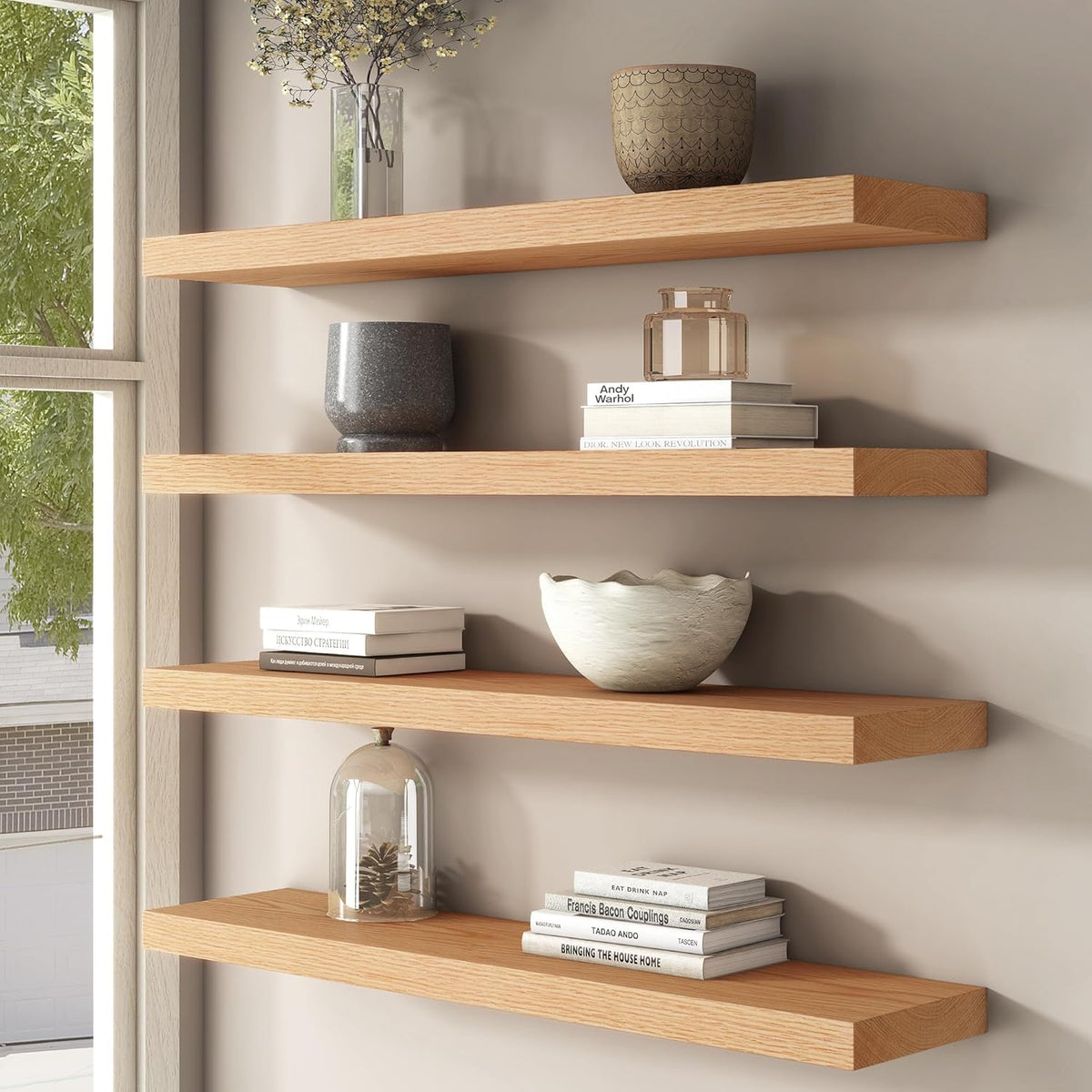 Floating Shelves for Wall, USA-Sourced Oak Wood 36 Inch Long Wall Shelves Set of 2, Natural Wooden