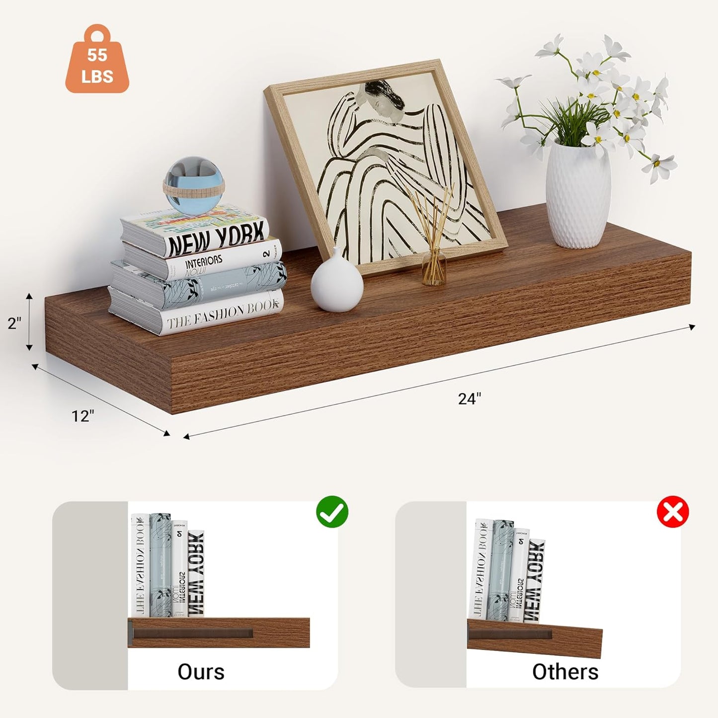 Heimlove 24 x 12 Inch Deep Floating Shelves Wall Mounted with Invisible Brackets,Storage Hanging