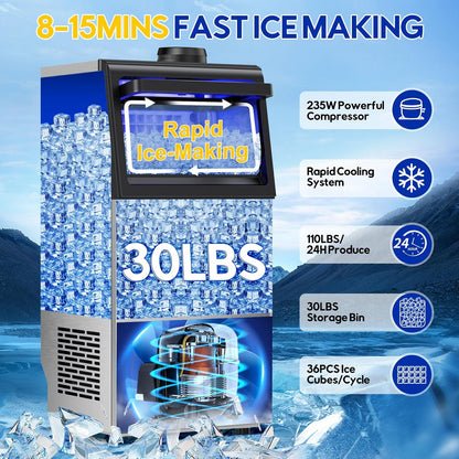 Commercial Ice Maker Machine, 110Lbs/24H, 30Lbs Storage, 36Pcs Clear Ice Cubes in 10-15Mins