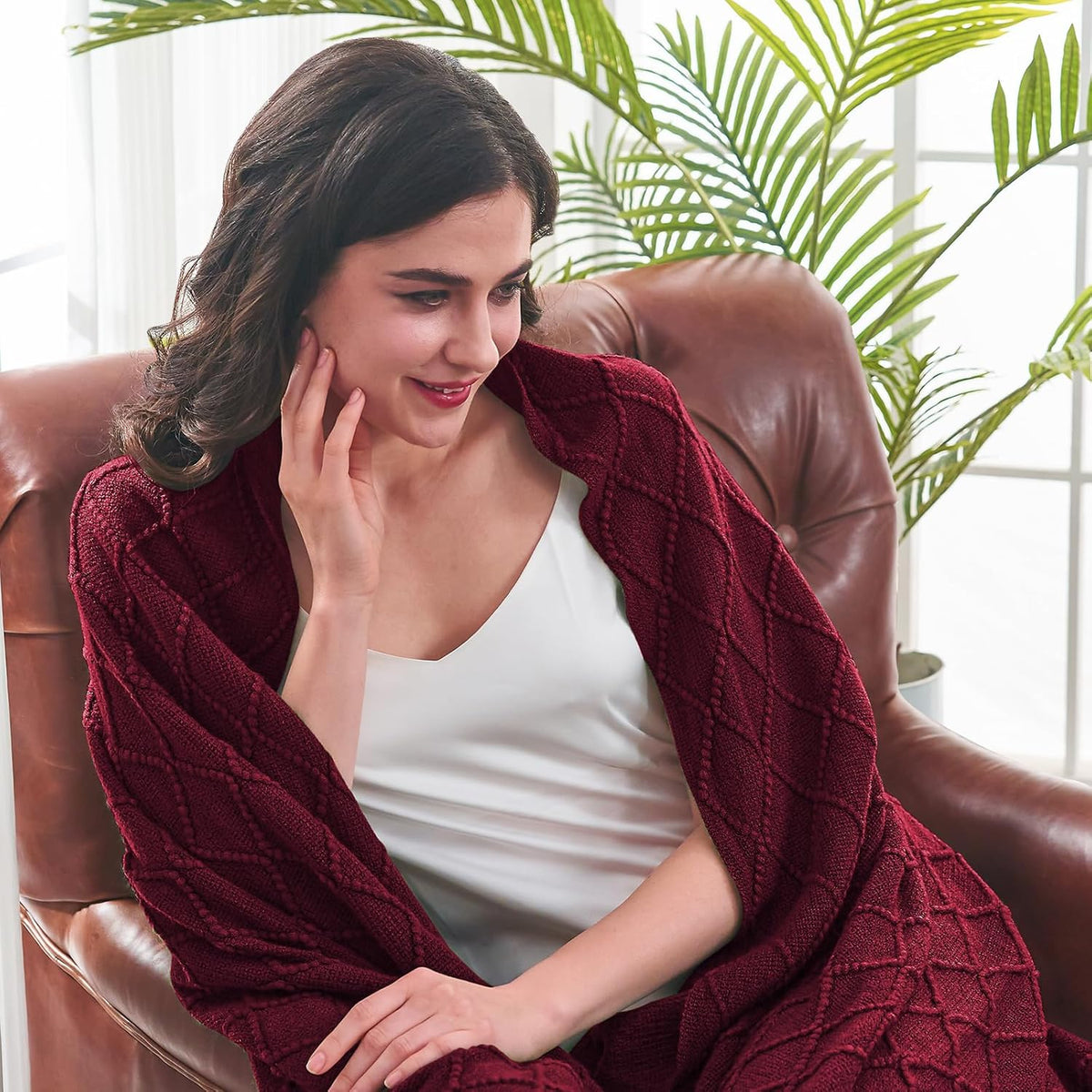 inhand Knitted Throw Blankets for Couch and Bed, Soft Cozy Knit Blanket with Tassel, Claret