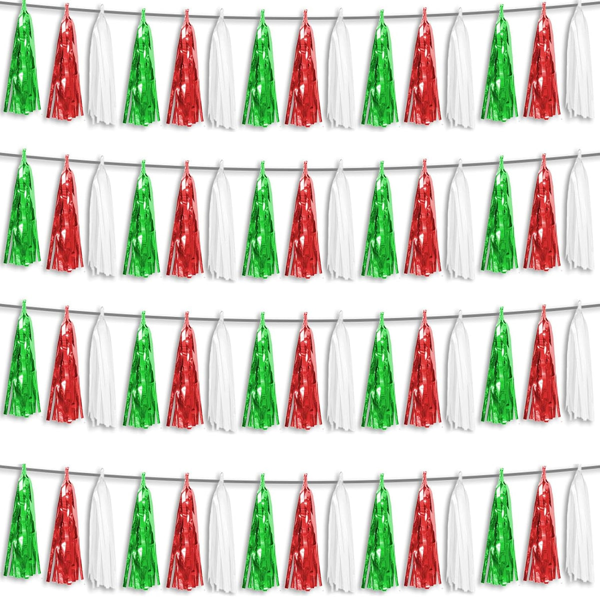4P Red Green White Foil Fringe Metallic Tassel Streamers Banner Tassel Garland for Parade Floats