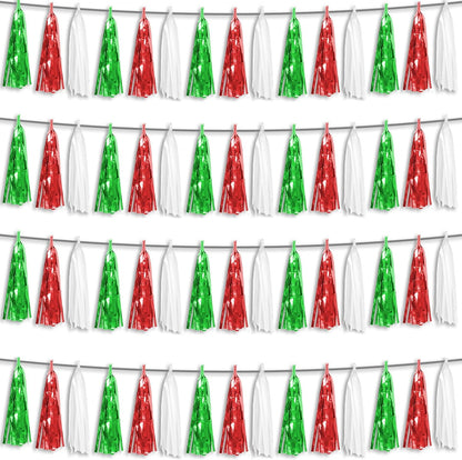 4P Red Green White Foil Fringe Metallic Tassel Streamers Banner Tassel Garland for Parade Floats