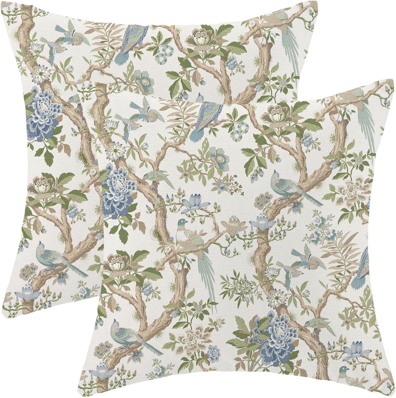 CXMEIFLY Chinoiserie Spring Pillow Covers 16 x 16 Inch Set of 2 for Blue Sage Green Vintage Flowers