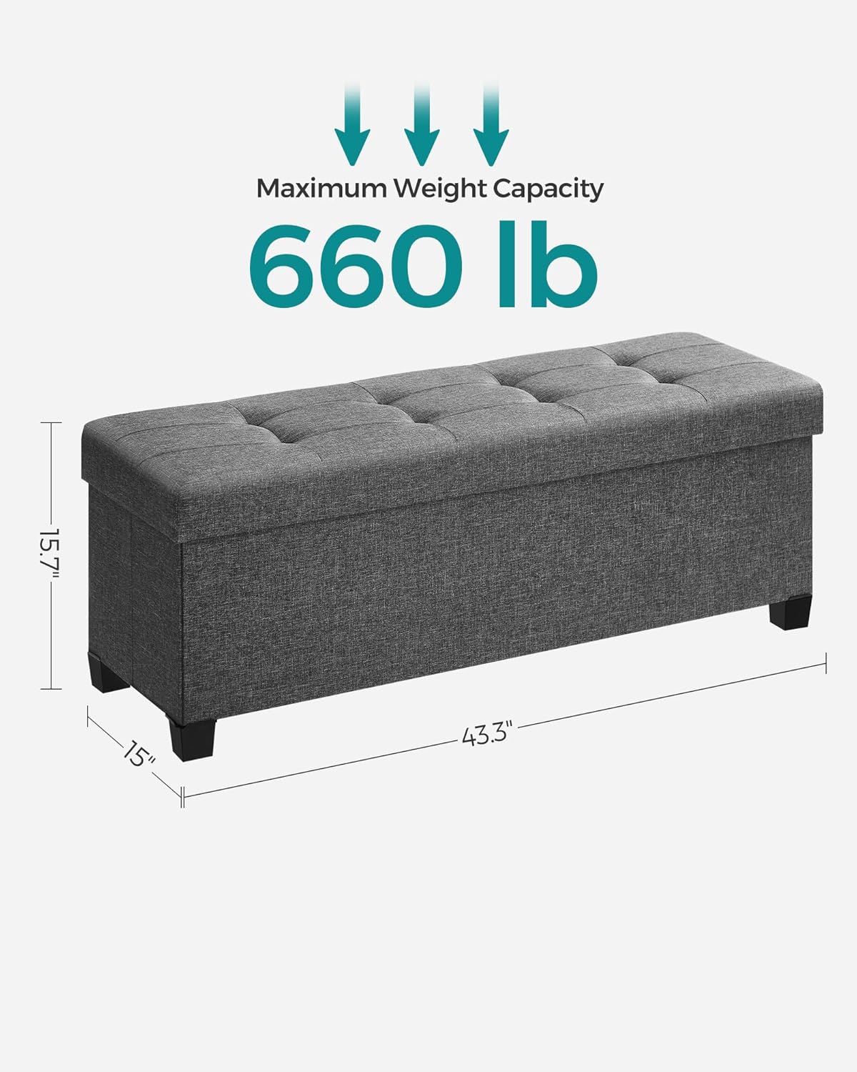 SONGMICS Storage Ottoman Bench, Foldable Foot Rest with Legs, 15 x 43 x 15.7 Inches, End of Bed