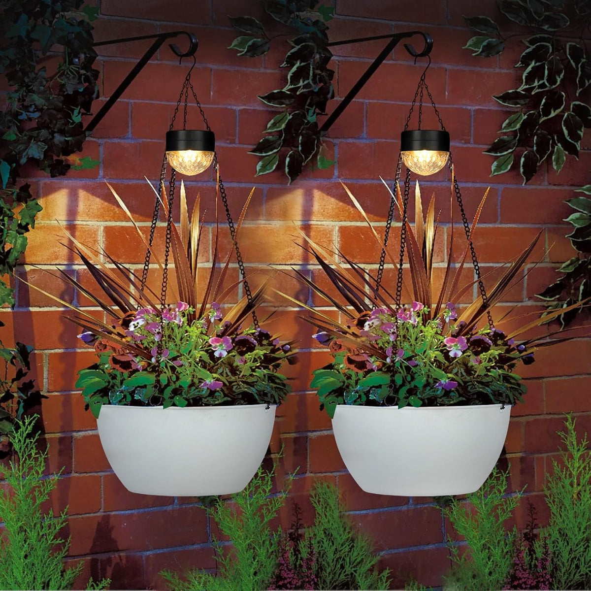2 Packs Hanging Planters Basket for Outdoor Plants, Solar Powered Self Watering White Round Plastic