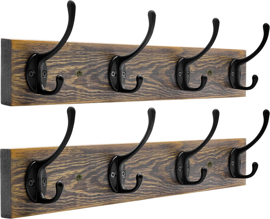 IBosins Wall Mounted Coat Rack, 2 Pack Metal Wood Coat Rack with 8 Black Rustic Hooks for Scarf