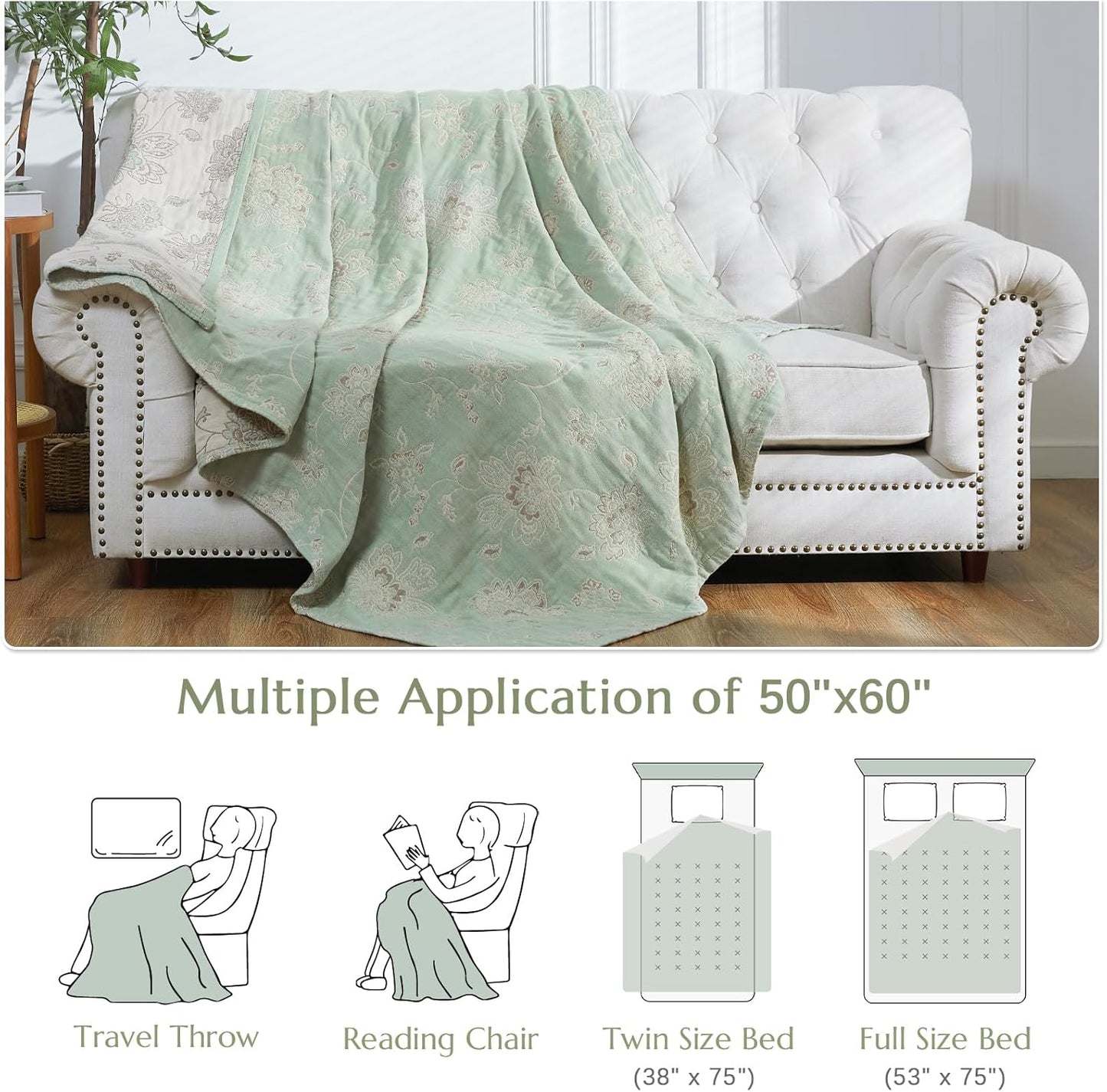 jinchan Boho 100% Cotton Muslin Twin Size 50x60 Inches Blanket Lightweight 4-Layer Quilted Soft