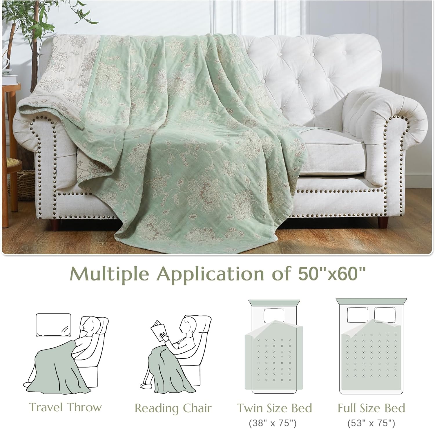 jinchan Boho 100% Cotton Muslin Twin Size 50x60 Inches Blanket Lightweight 4-Layer Quilted Soft