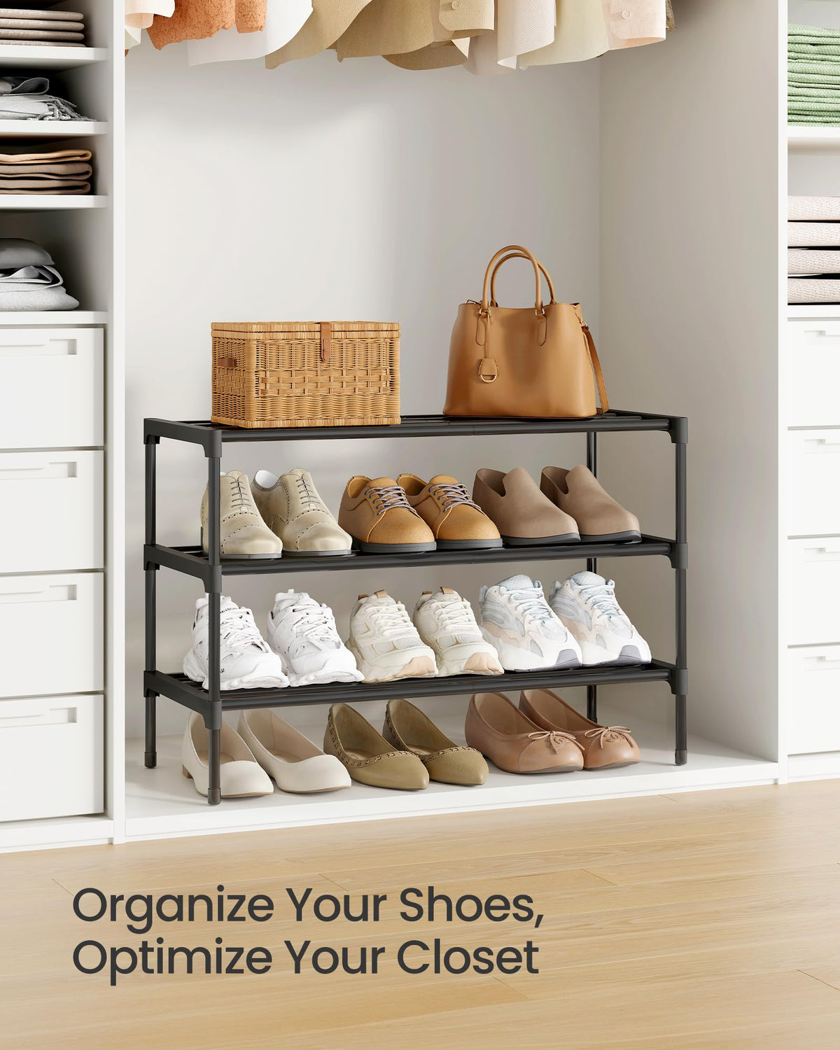 SONGMICS 3-Tier Shoe Rack, Stackable Compact Metal Shoe Storage Organizer
