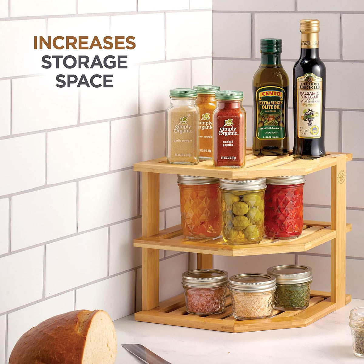 2-Pack Plate Organizer for Cabinet - Bamboo Corner Shelf for Kitchen or Bathroom Storage