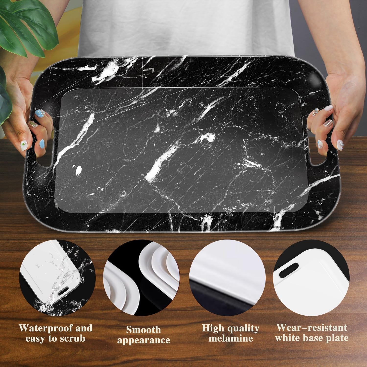 Serving Trays with Handles, 14.5 x 9.8 inch Rectangular Plastic Tray for Restaurant, Kitchen, Black