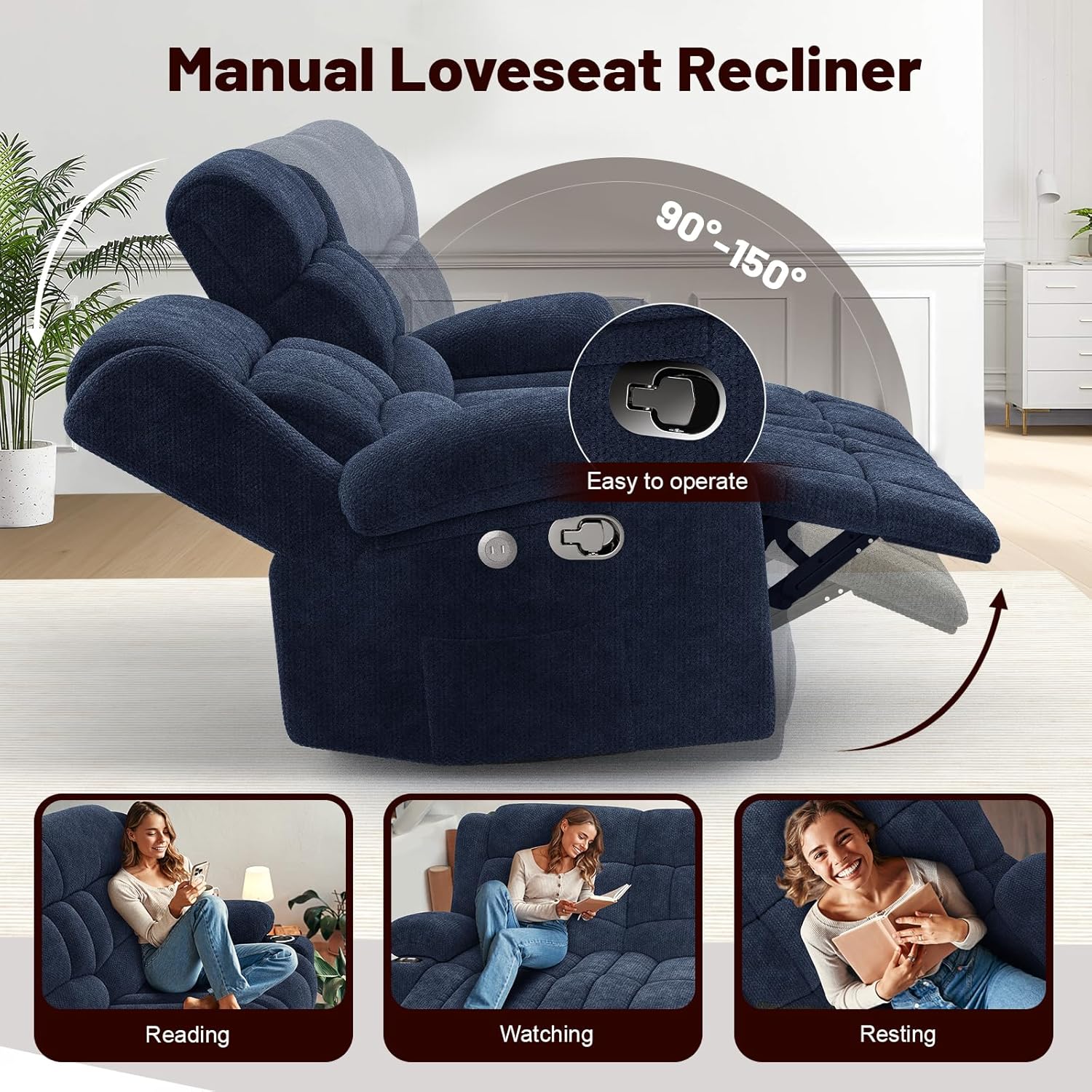Loveseat Recliner Sofa, 2 Seater Minimalist Style Fabric Manual Pull Tab Reclining Loveseat with