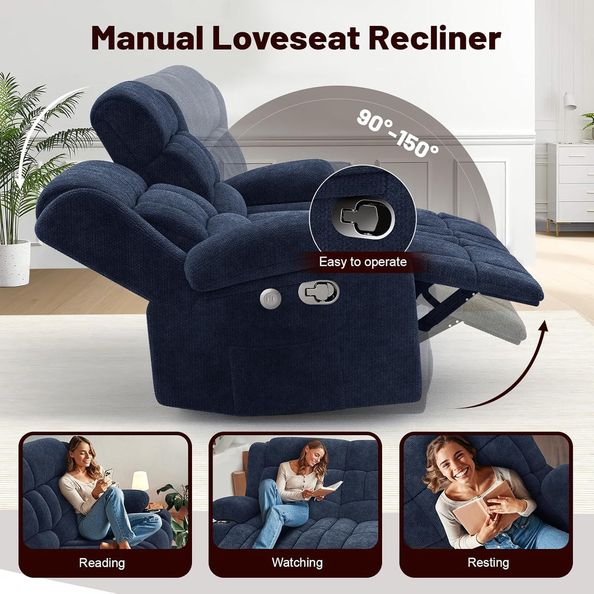 Loveseat Recliner Sofa Set with 2+1+1 Pieces, 2 Seater Minimalist Style Fabric Manual Pull Tab
