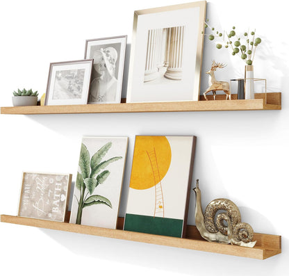 Solid Ash Wood Picture Ledge Shelf, Wood Floating Shelves Set of 2, 48 Inch Long Large Photo Ledge