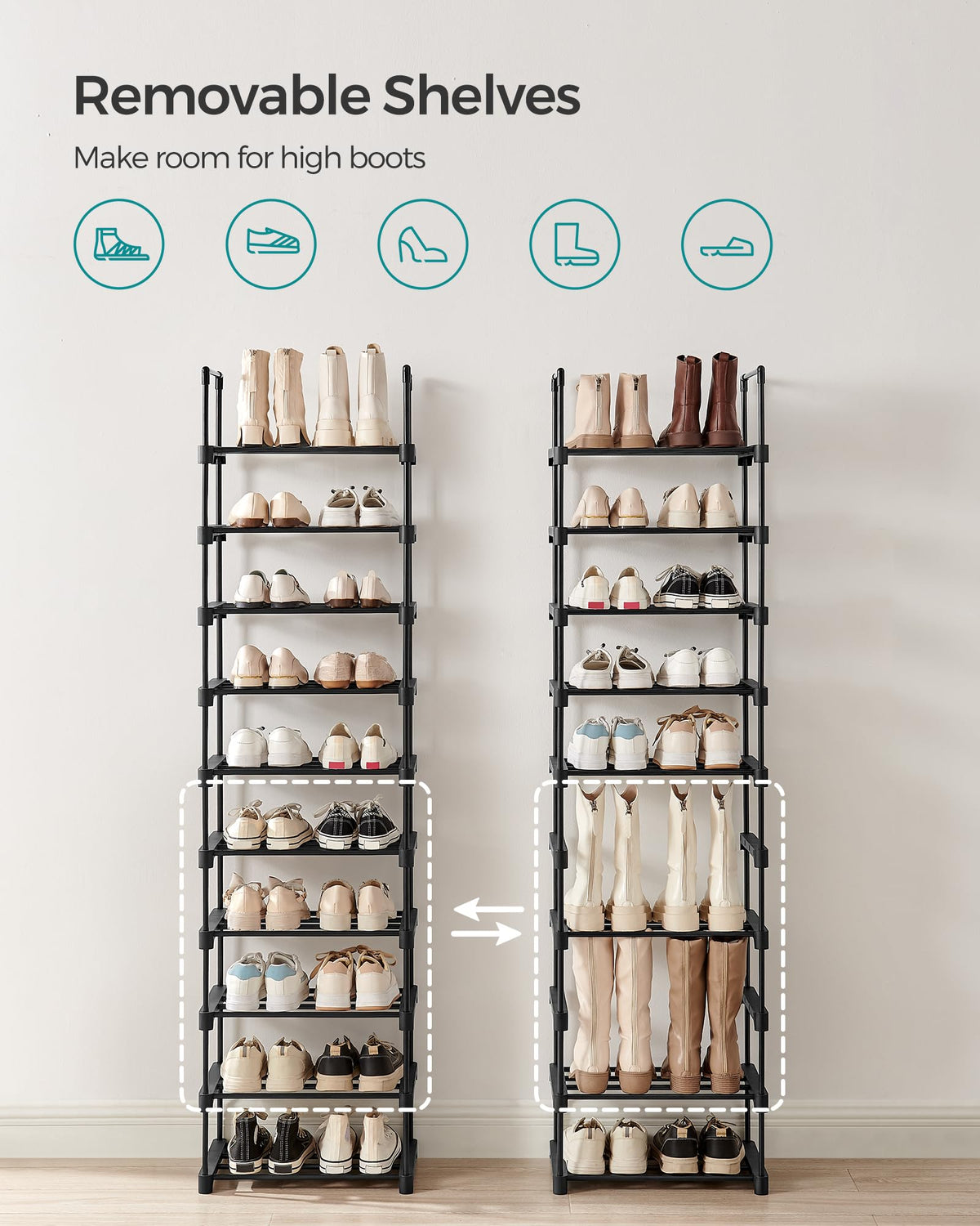 SONGMICS Shoe Rack, 10-Tier Shoe Organizer, Metal Storage Shelf, Upright or Upside Down, for 11-22