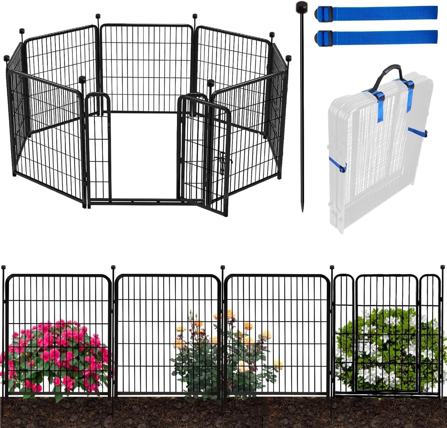 ADAVIN 40 in(H) Garden Fence with Low Threshold Door, Dog Fence Outdoor for Yard, 8 Panels Total