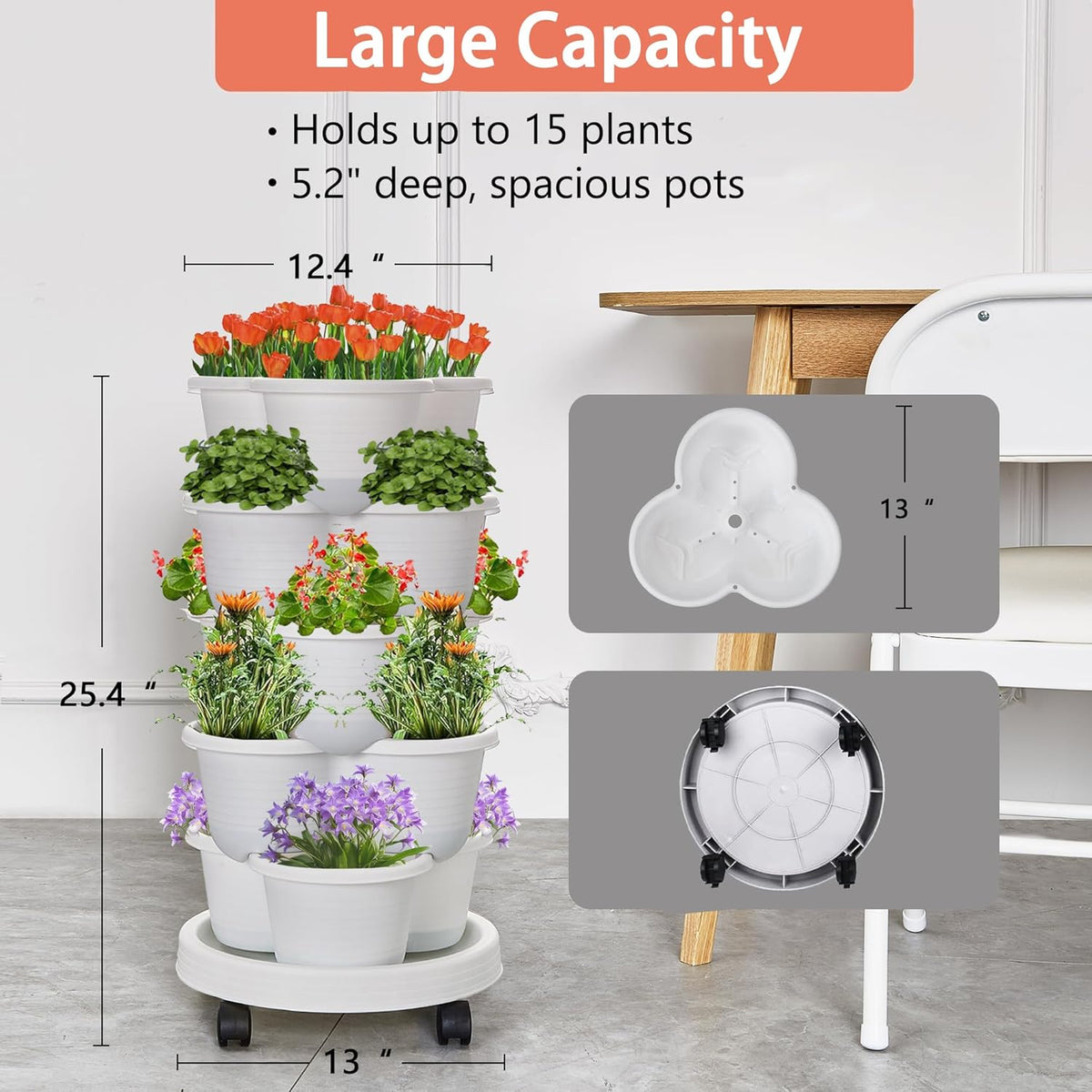 VECELO 5 Tier Vertical Garden Planter, Self Watering Stackable Planters with Wheels for