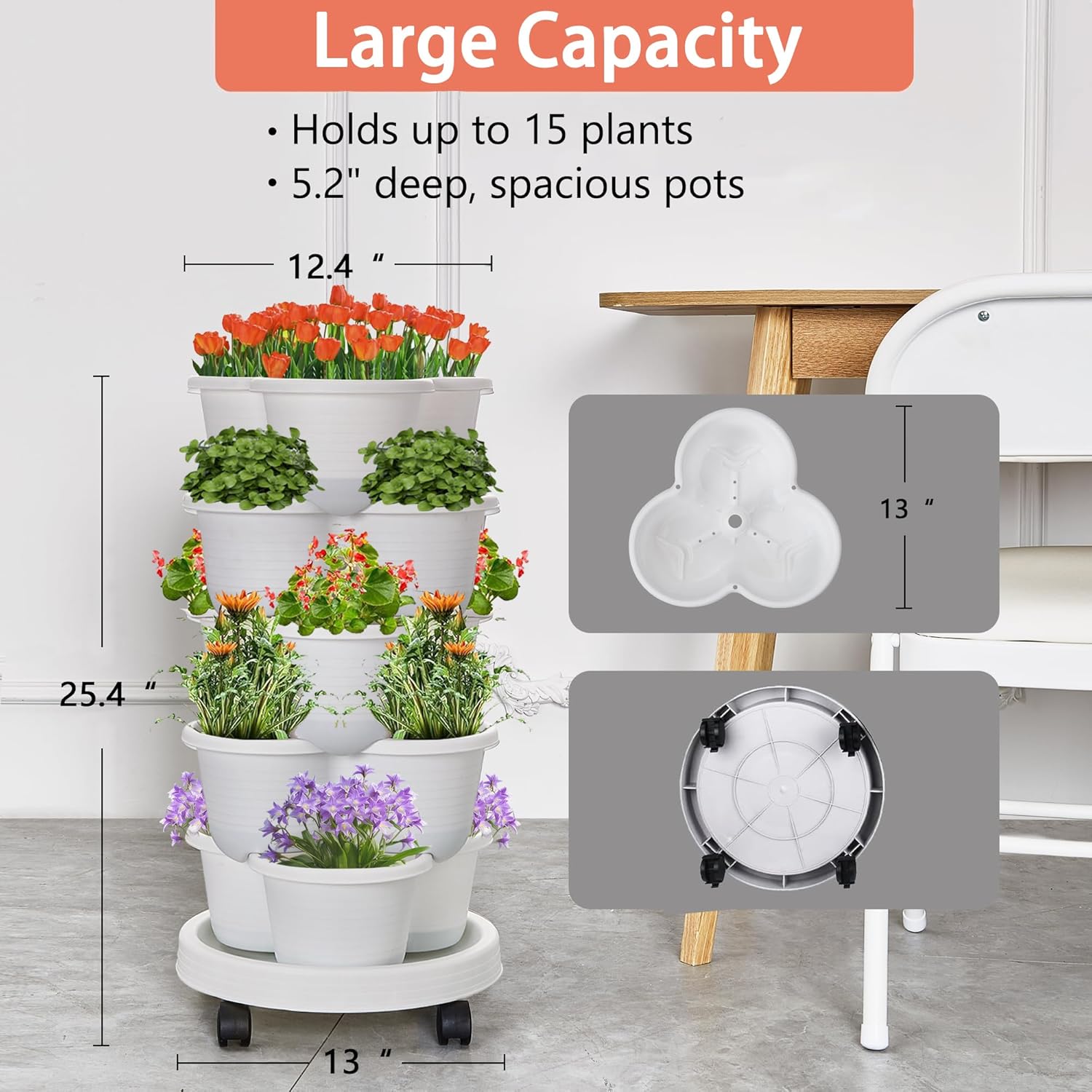 VECELO 5 Tier Vertical Garden Planter, Self Watering Stackable Planters with Wheels for