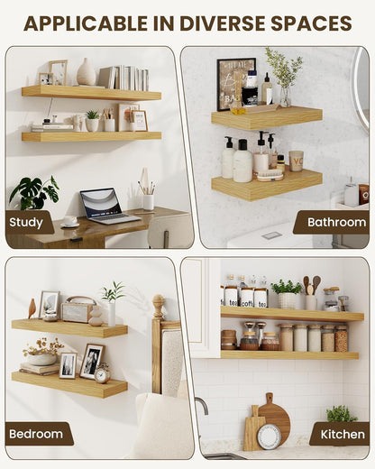Marsmiles 16" Floating Shelves for Wall, Wooden Shelves with Invisible Brackets Set of 2, Rustic