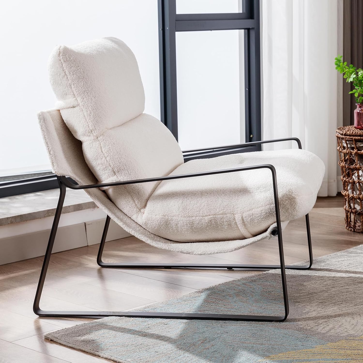 DUOMAY Modern White Sherpa Accent Chair, Comfy Lounge Lazy Chair with Metal Leg, Mid-Century Corner